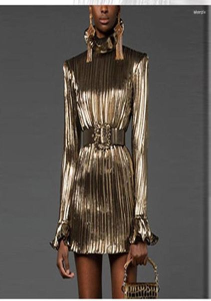 

casual dresses high street est fashion 2022 runway designer women39s sparkle gold long sleeve belted pleated party dress8121949, Black;gray