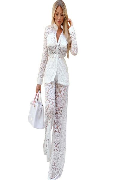 

women white lace two piece set sheer hollow out long sleeve button up shirts and wide leg pant suits night club outfits t7329872