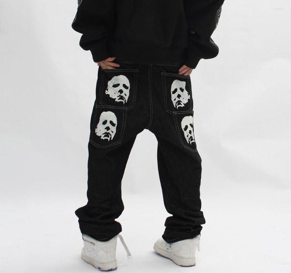 

men039s jeans dark face bat print men women slimfit vintage streetwear multipocket high waisted loose straight trousers9329534, Blue