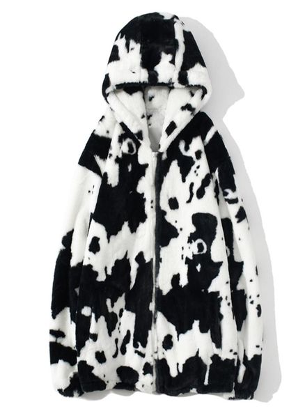 

men streetwear cow print zipper cardigan hooded coats autumn winter harajuku loose couple coat outwear hoodie lambswool jacket 2011767536, Black;brown