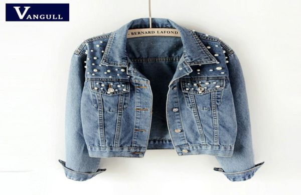 

vangull 2019 spring autumn new pearl beading crop denim jackets female casual jeans bomber jacket long sleeve coat plus size 5xl6767139, Black;brown