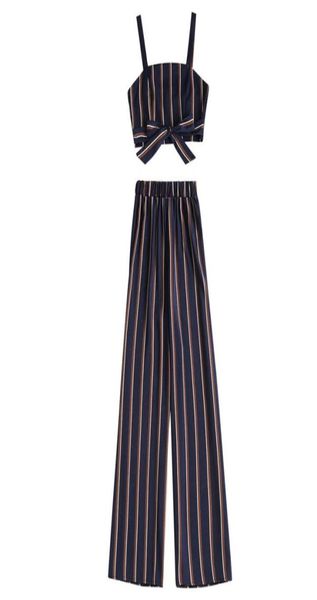 

zaful striped summer women sets spaghetti straps square neck sleeveless bow crop elastic high waist loose pants twp pieces2460944, White