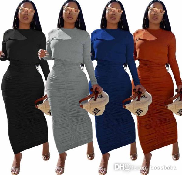 

womens pullover skirt set fashion solid color pleated long sleeve round neck 2piece dress suit in autumn and winter5883972, White