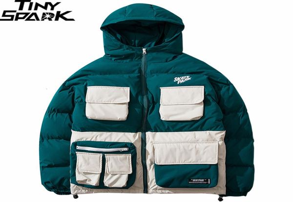 

2019 winter streetwear hip hop jacket parka padded men harajuku color block trench coat hooded windbreaker oversize outwear new cj8590631, Black