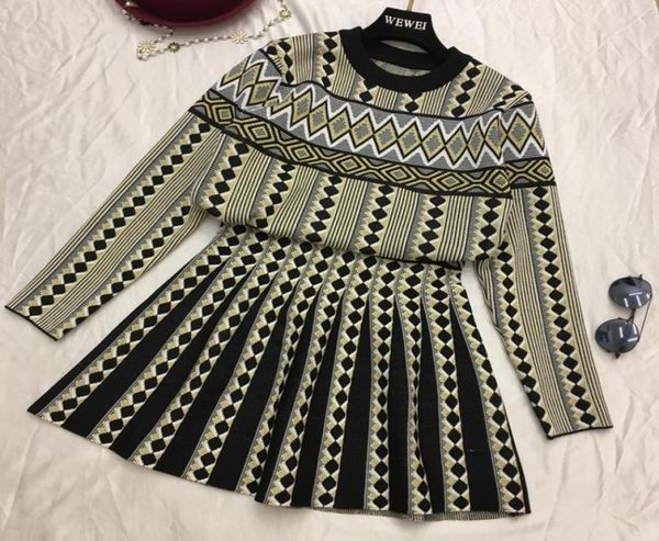 

amolapha women vintage knit sweater skirts sets geometric printed female woman knitting clothing suits6247331, White