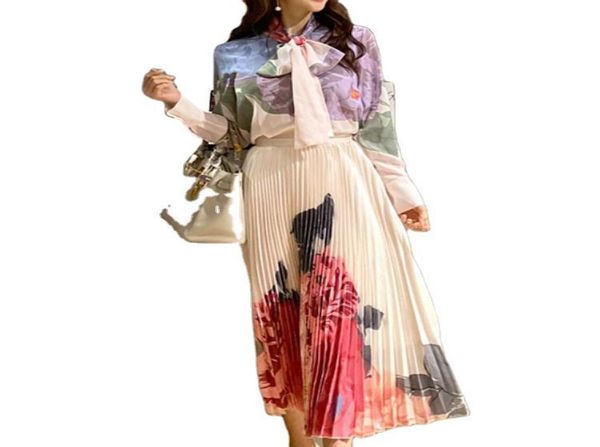 

luxury women two piece dress sets long sleeve blouses pleated skirt female printed set women039s runway suit m351877160, White