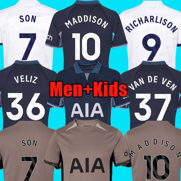 

2023 2024 season spurs soccer jersey kane son richarli son kulusevski hojbjerg spence perisic dier lucas romero football kit shirt men kids, Black;yellow