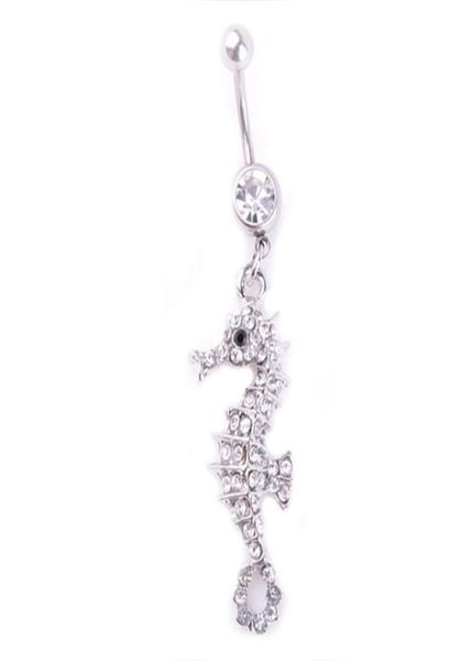 

d0774f seahorse belly navel button ring clear stone012344948414, Silver