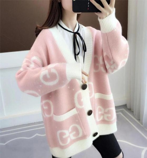 

winter women039s new sweater oversized knitted cardigan jackets female colorful double wool knit letter vneck long sleeve swea71071657061, White;black