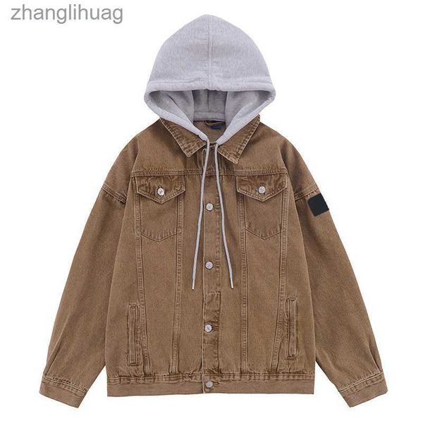 

2023 casual denim coat male spring and autumn hooded high street trend handsome loose fashion fake two tooling stone jacket, Black