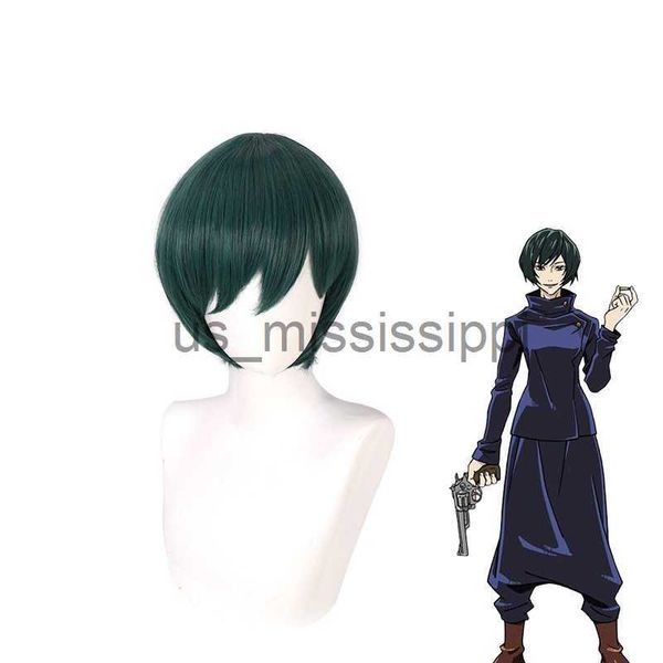 

cosplay wigs anime 35cm maki zenin cosplay wig anime jujutsu kaisen christmas dark green short heat resistant hair wigs x0901, Black