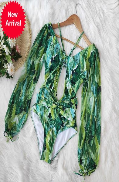 

one piece swimsuit 2020 long sleeve swimwear women bandage print monokini black bathing suit string backless beachwear1992513, White;black