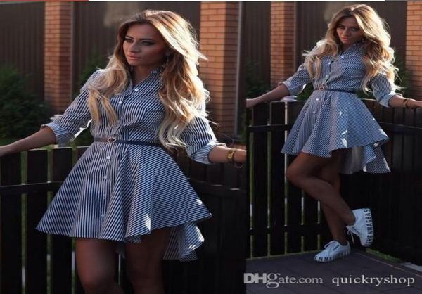 

summer style women mini dress casual fit and flare striped mini dress high waist turn down collar long sleeve vestidos1425497, Black;gray