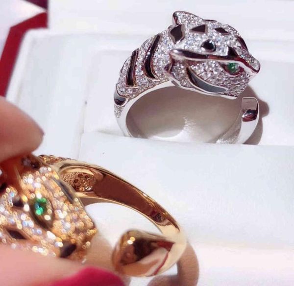 

black spot leopard head rings paved 3a cubic zirconia stone animal panther ring adjustable for men women copper party jewelry6001113, Slivery;golden