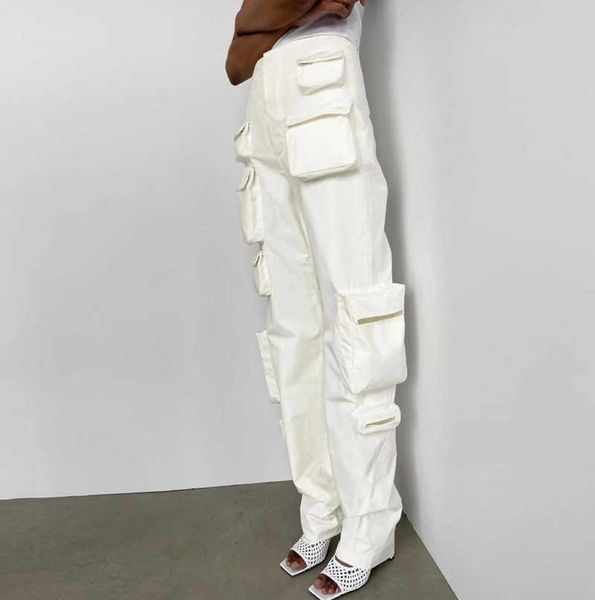 

kendall jenner high waist straight pant black white slim streetwear multi pocket pants cargo trousers5892041