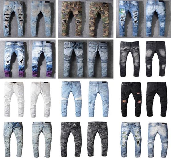 

distressed france fashion pierre straight jeans men039s biker jeans hole stretch denim casual jean men skinny pants elasticity 3832976, Blue