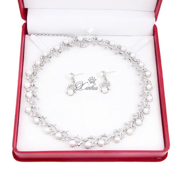 

concise pearl necklace earrings suit bride jewelry marry wedding zircon set chain jewellery 30027824480, Silver
