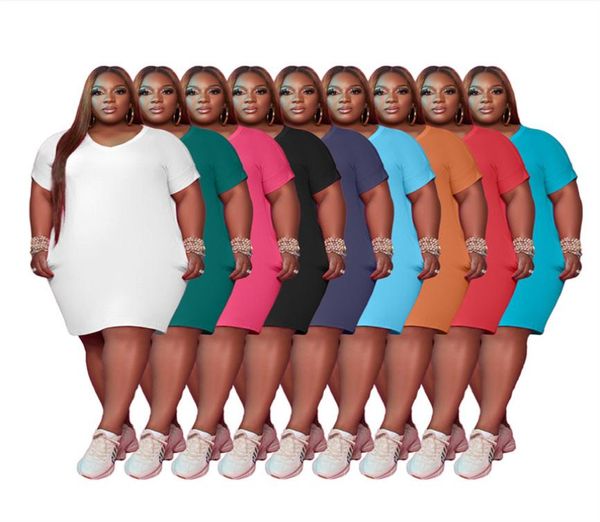

woman plus size dresses 4xl xl summer clothing casual solid color knee-length white dress v-neck mini skirts 4349551872, Black