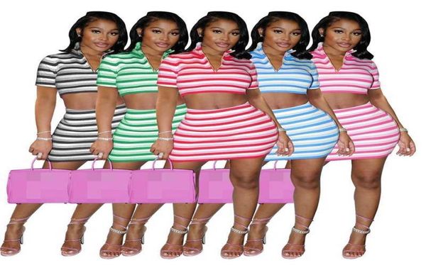

designer womens striped two piece dress stand collar short sleeve and skirt set leisure elastic ol commuter dresses7377529, White