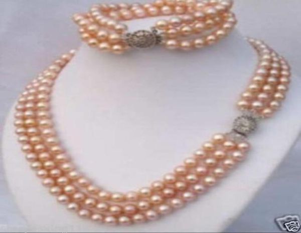 

3rows 78mm pink akoya pearl necklace bracelet012345672625129, Silver