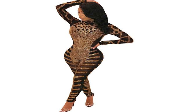 

luxury rhine sparkly jumpsuit women turtleneck long sleeve mesh romper sheer birthday nightclub bodycon party overalls t51906147205614, Black;white