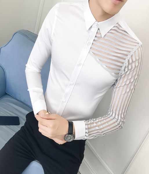 

british style tuxedo men shirt autumn new see through lace long sleeve dress shirts mens slim fit casual prom male shirt social6489496, White;black