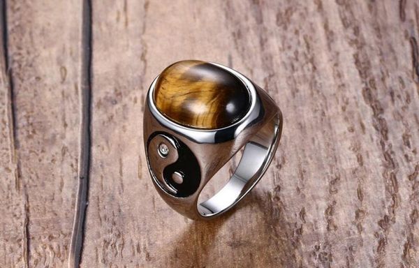 

men039s 925k stamped silver plated titanium ring stainless steel finger rings with tiger eye stone band ring1506806, Golden;silver