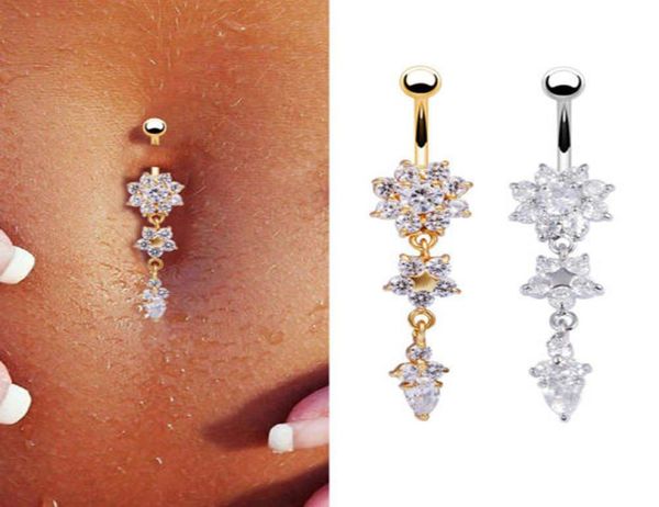 

dangle belly bars belly button rings auniquestyle belly piercing cz crystal flower body jewelry navel piercing rings7921589, Silver