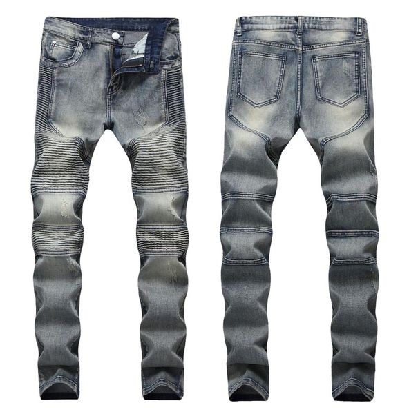 

autumn mens ripped jeans slim fit denim pants tiedye men pleated motorcycle biker hip hop strech for man8052470, Blue