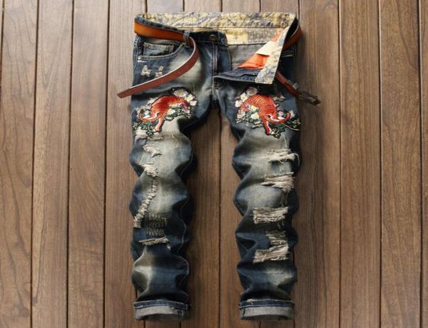 

hole patch jeans men embroidered tiger jeans men trousers male denim pants masculino motorcycle fashion designer1265378, Black