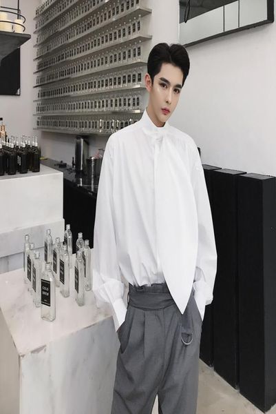 

bow tie oversize men shirt long sleeve solid color social shirt men black white loose casual social streetwear tuxedo shirts8412511