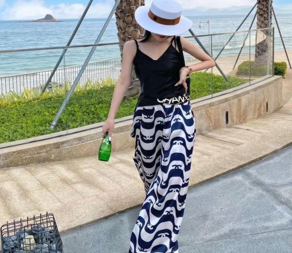

women039s highwaist wideleg pants corrugated printing casual pants korean version of loose and thin wave pattern contrast 67435038675636, Black;white