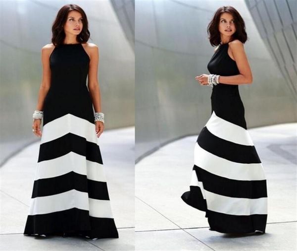 

2018 summer fashion women maxi dress halter backless off shoulder evening party drs black white striped long dress295k9158543, Black;gray