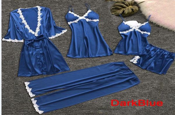 

5 piece pajamas women midsummer sleeve bride morning gown large size home gown nightgown bathrobe5135861, Black;red