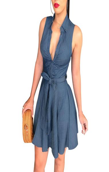 

women summer v neck sleeveless blue jeans denim tshirt bodycon mini dress2088689, Black;gray