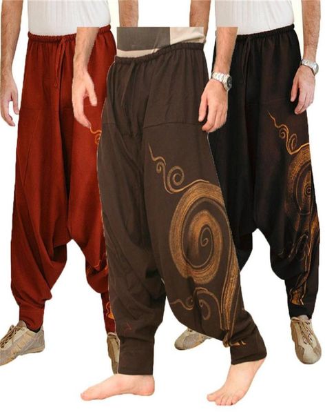 

vintage men pants harem elastic casual baggy yoga harem pants hip hop men gypsy cotton linen widelegged loose pants drawstring1631456, Black