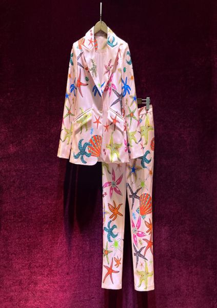 

european and american women039s autumn 2021 new long sleeve nail zhuhai star shell print coat trousers fashion the pink suit4198432, White