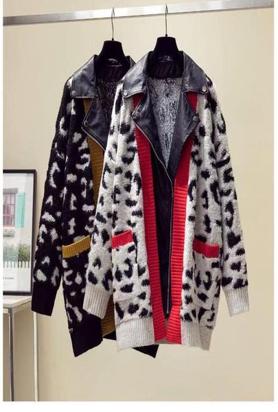 

2021 europeanstyle midlength women039s sweater autumn and winter leopard print highend contrast color knitted cardigan leath4622364, White;black