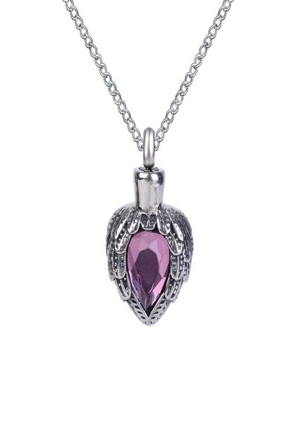 

urn necklace purple birthstone wing heart pendant memorial ash keepsake cremation jewelry stainless steel with gift bag and chain2375396, Silver