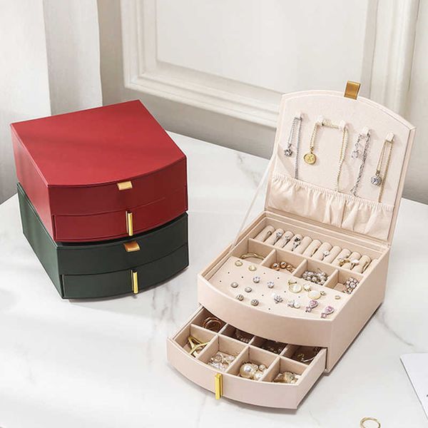 

portable jewelry box organizer display travel case boxes button leather storage zipper jewelers joyero 230814, Black;white