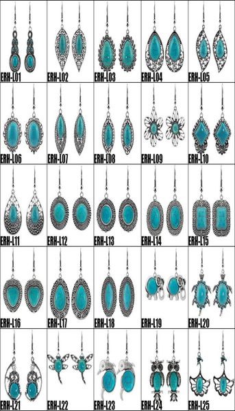 

boho turquoise stone dangle drop earrings crown flower animal chandelier vintage silver ear hook for women fashion jewelry7051187