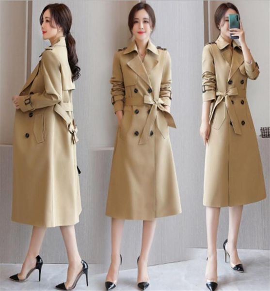 

autumn women casual trench coat lady elegant double breasted vintage long trench windbreaker female sash long coats outerwear227j7088712, Tan;black