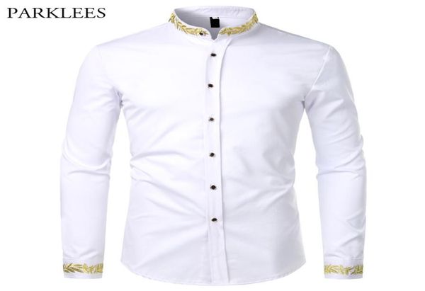 

gold embroidery white shirt men brand new stand collar mens dress shirts casual slim long sleeve chemise homme camisa masculina c13117836, White;black