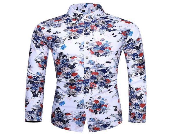 

autumn men dress shirts fashion floral print beach hawaiian shirt slim fit long sleeve mens casual camisa masculina4130706, White;black
