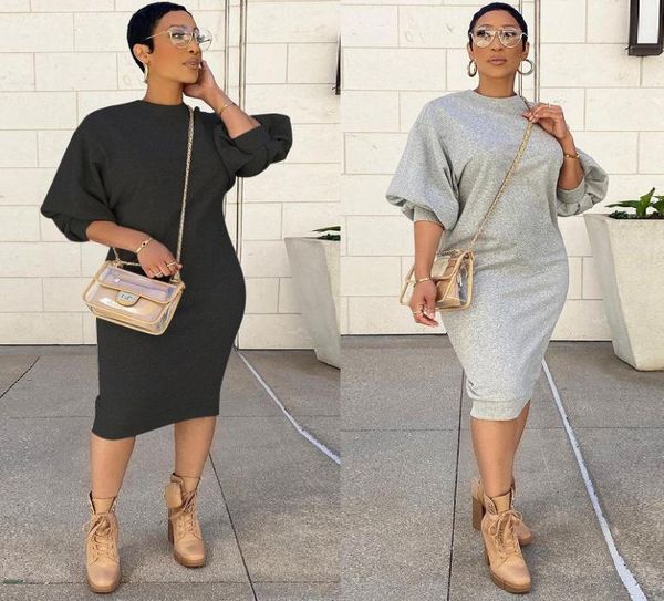 

lantern sleeve loose long plus size sweater dress slim casual grey black dressess vestido feminino whole drop1992918