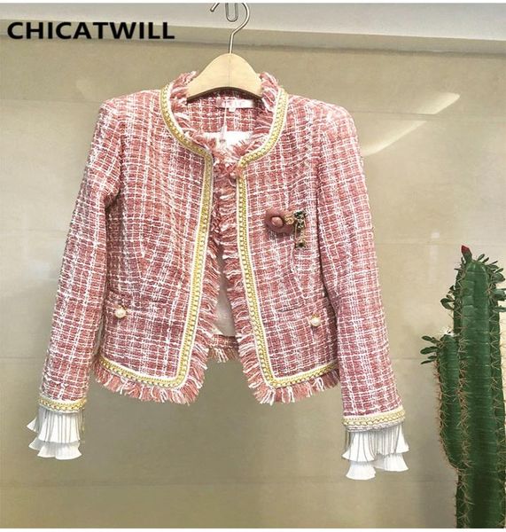 

chicatwill 2019 autumn winter women tweed plaid jackets ladies elegant chains tassel outerwears8676644, Black;brown
