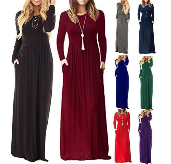

new plus size women long sleeve caual solid color oneck maxi pockets dress long loose beach party tunic dress8068179, Black;gray