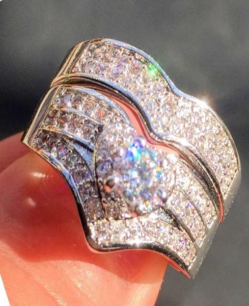 

luxury lady039s heart 10kt white gold filled paved simulated diamond cz gemstone rings set jewelry eternal wedding bride band r1822354, Slivery;golden
