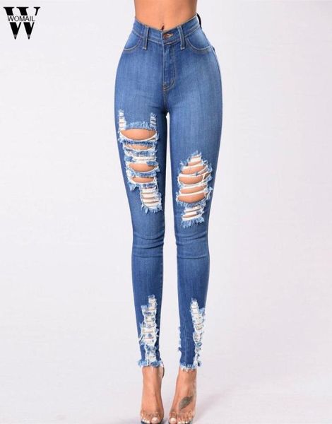 

womail 2019 ripped jeans women mom skinny pants washed high waist zipper blue casual female holes pants pockets button jeans3763129