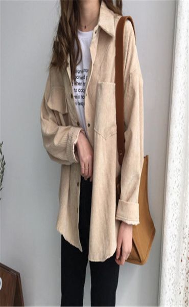 

new vintage long sleeve corduroy shirts loose and versatile solid color casual shirt coat boyfriend style shirt t2008042597004, White